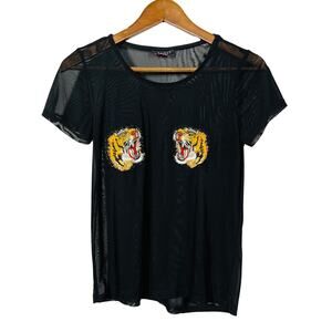 Discreet Mesh Tiger Top Cap Sleeve Pullover Black Edgy - S
